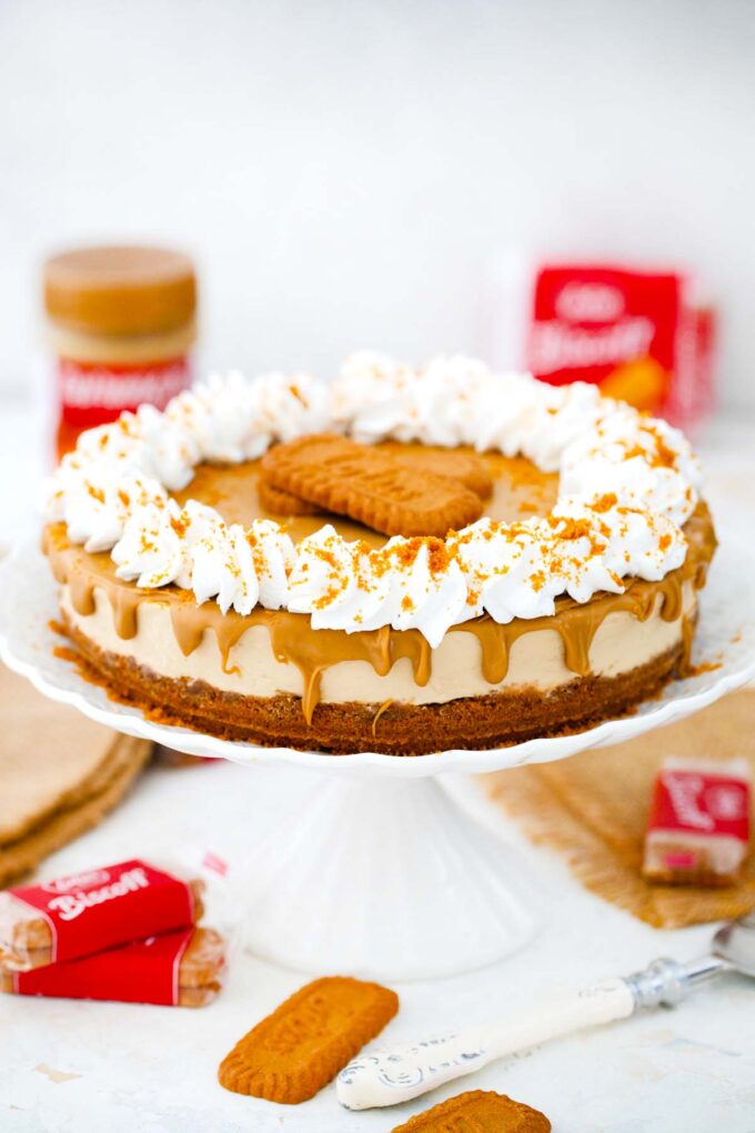 no bake biscoff cheesecake on a cake stand topped with biscoff cookie butter whipped cream and lotus cookies