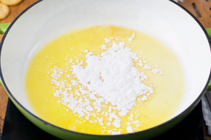 Melted butter and flour in a pan.