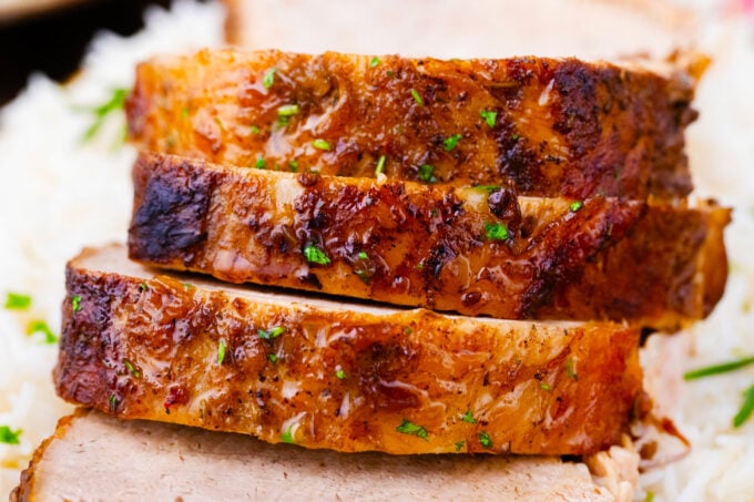 Perfectly browned crockpot balsamic pork loin.
