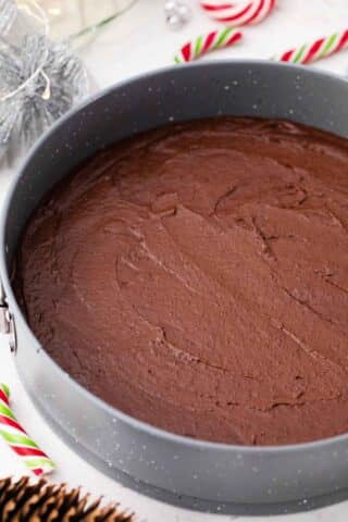 brownie batter in a round pan