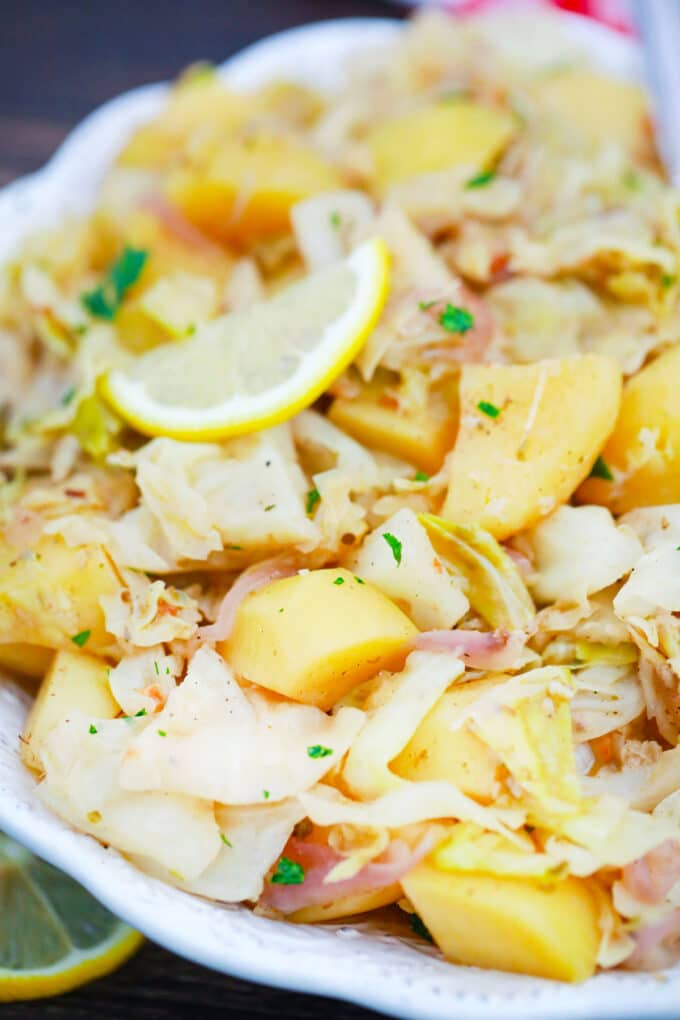 A plate of smoked cabbage and potatoes.