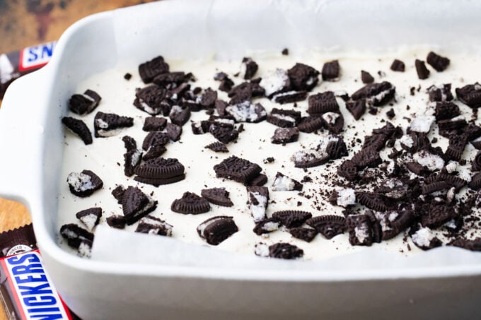 Cheesecake Oreo layer for slutty cheesecake brownie bars.