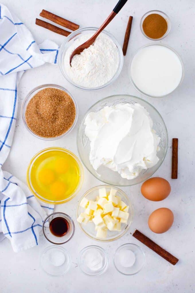 coffee cake ingredients in bowls on a table