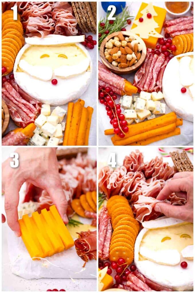 collage of four photos showing a christmas charcuterie board with Santa Claus chopped brie cheese