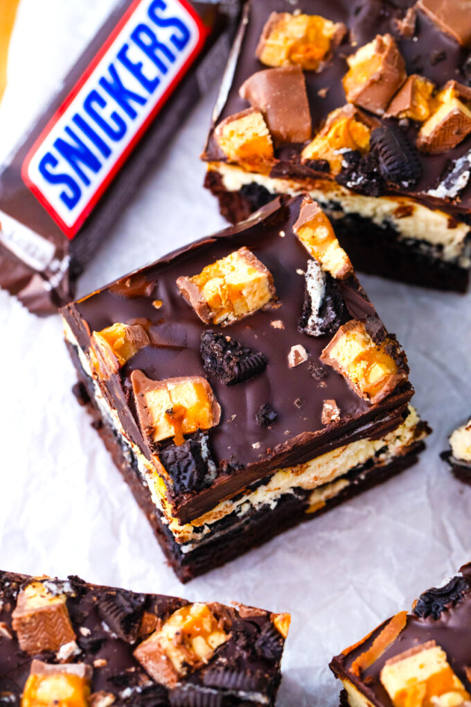 Overhead shot of slutty cheesecake brownie bars.