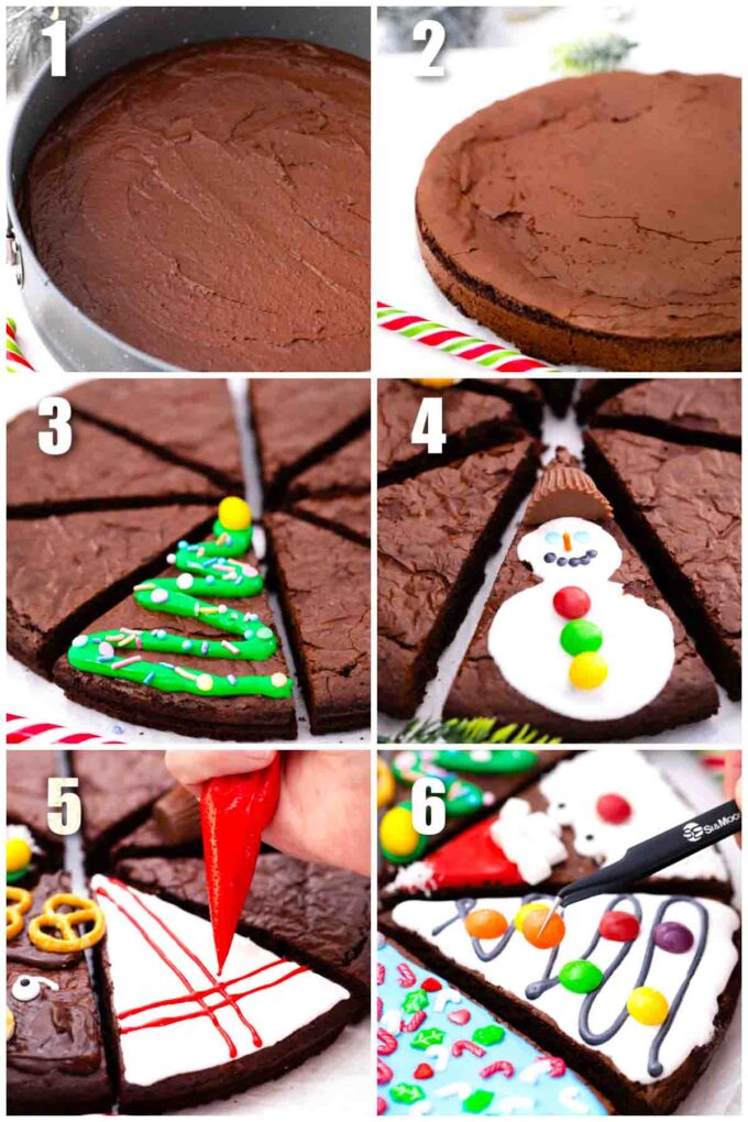 collage of six photos showing how to make christmas brownie pops