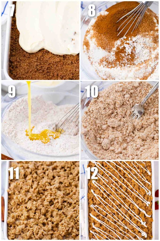 photo collage of how to add a cheesecake layer and streusel topping to a coffee cake