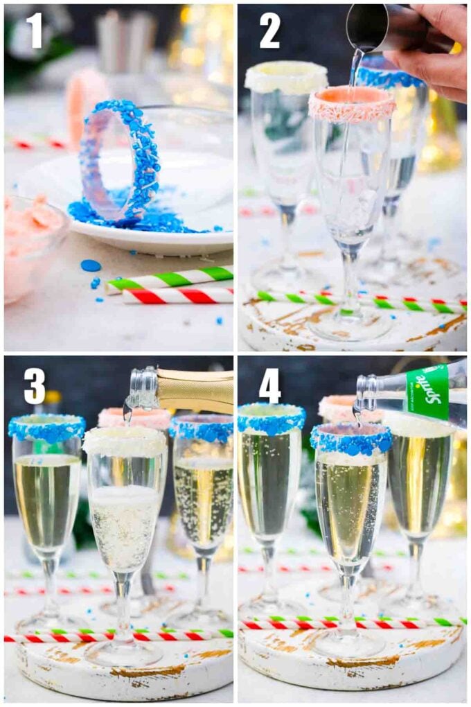 collage of four photos showing how to make festive champage cocktail