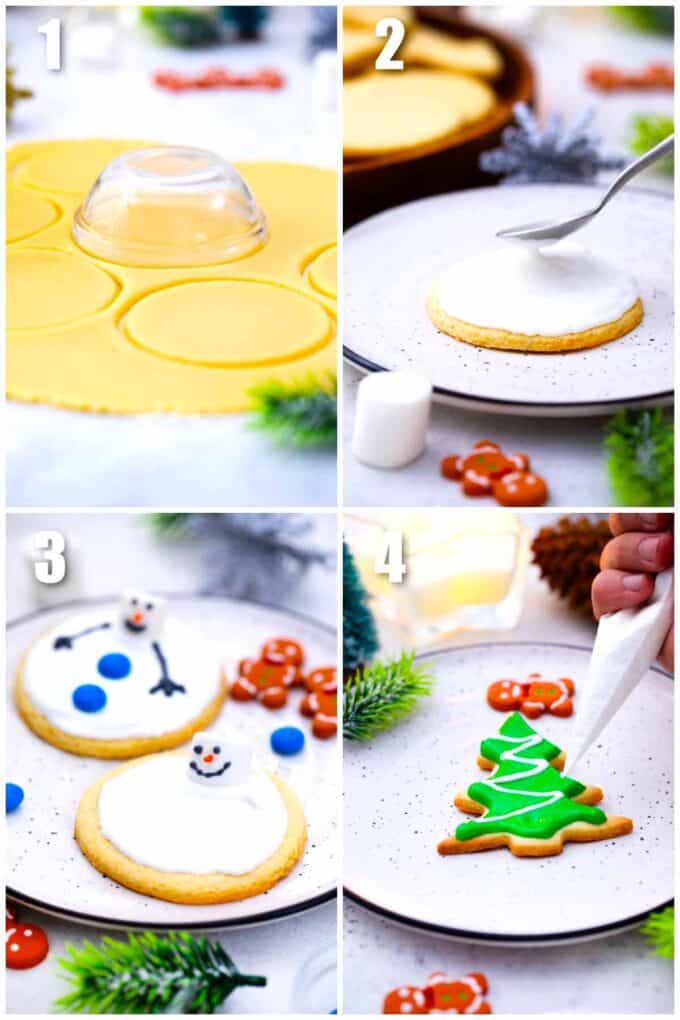 collage of four showing how to make melted snowman cookies