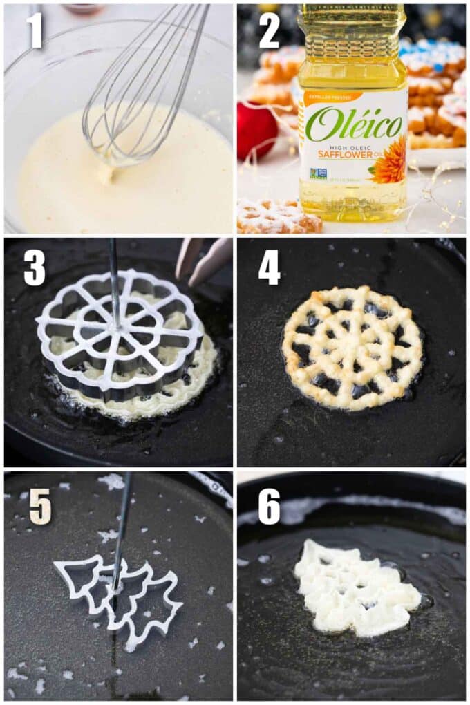 collage of six photos showing how to make rosette cookies