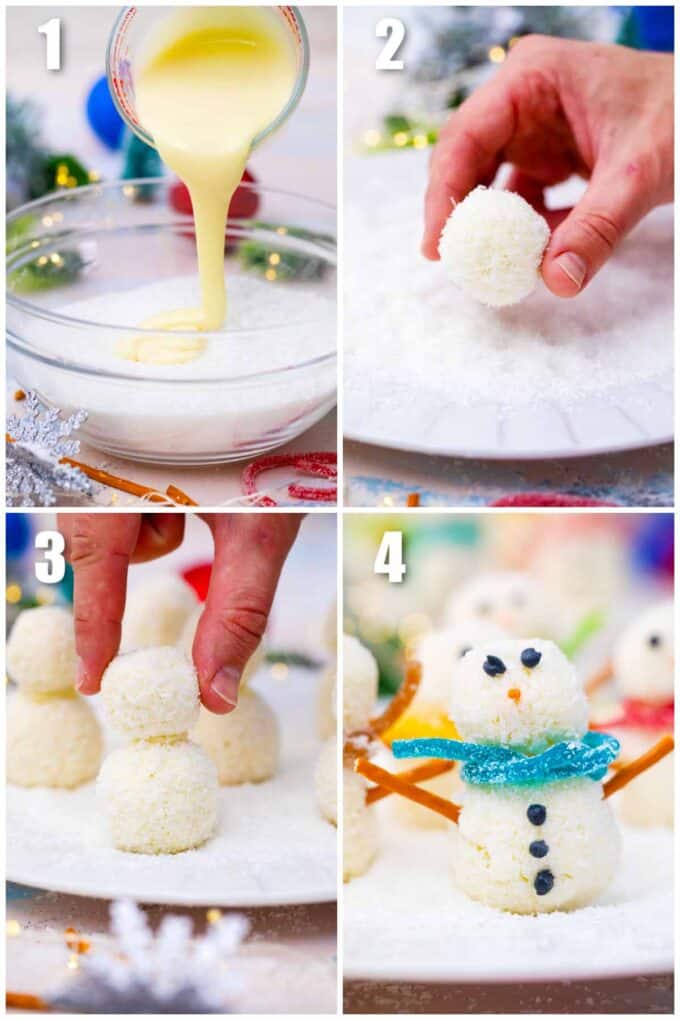 collage of four photos showing how to make snowman truffles