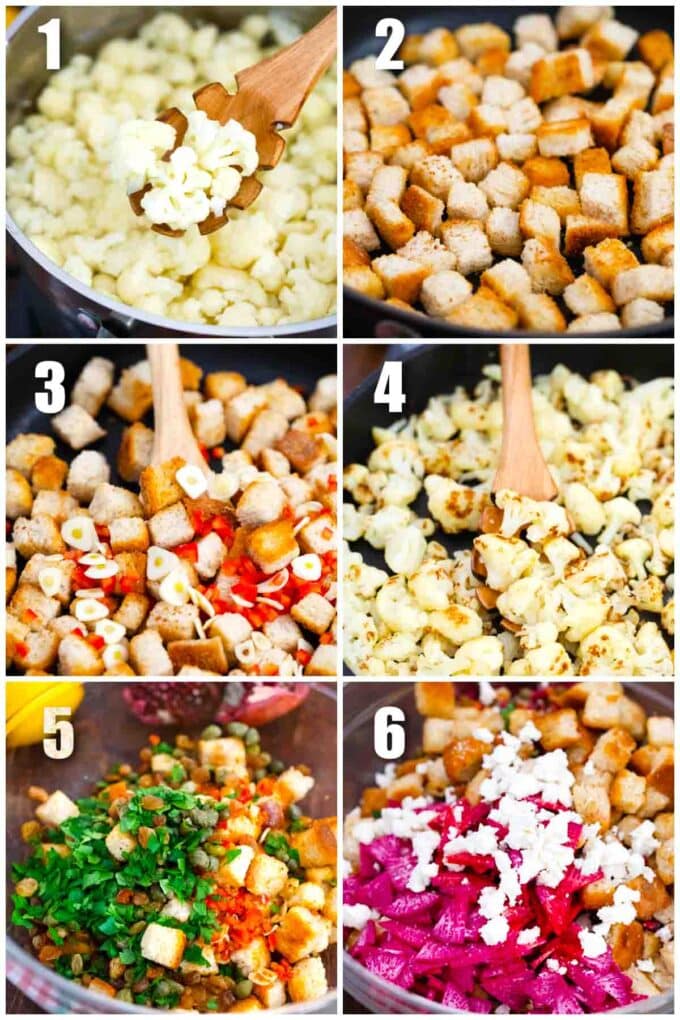 collage of six photos showing how to make winter panzanella salad