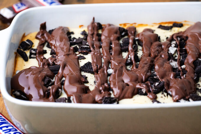 Chocolate layer for slutty cheesecake brownie bars.