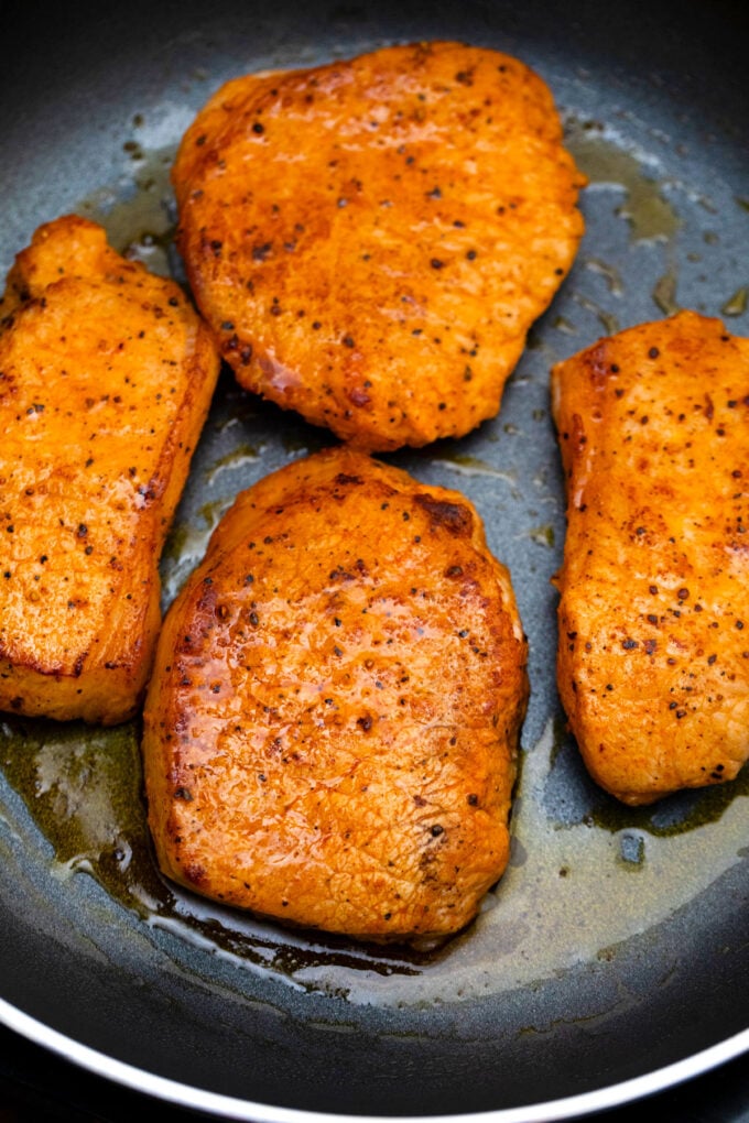 Browning boneless pork chops.