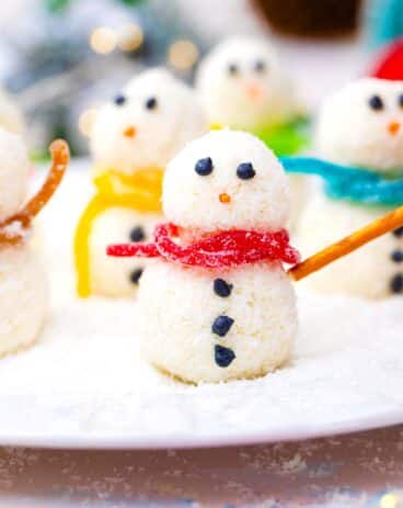 no bake snowman truffles with red candy scarf