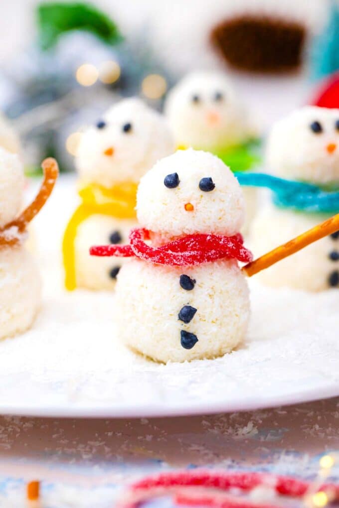 no bake snowman truffles with red candy scarf