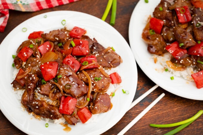 Homemade Panda Express Beijing beef copycat served over rice.