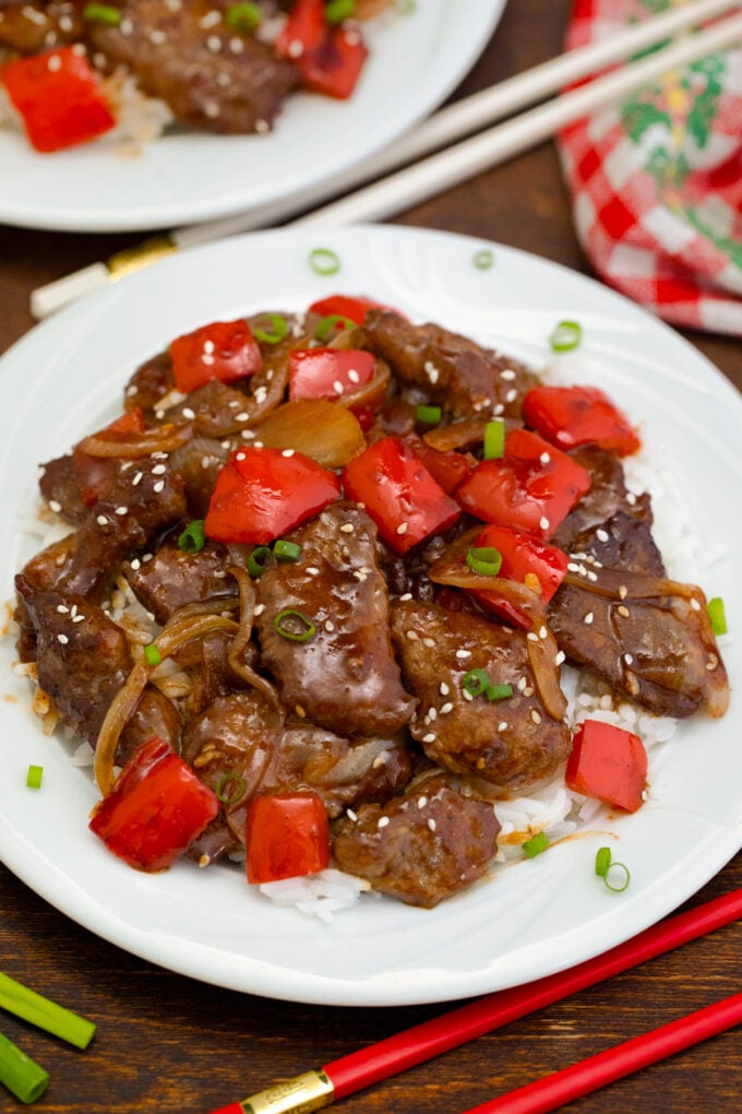 Panda Express Beijing beef copycat over white rice.