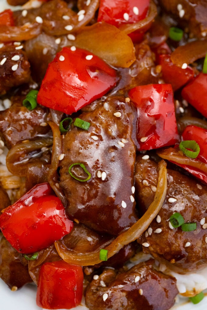Close shot of glossy Panda Express Beijing beef copycat.