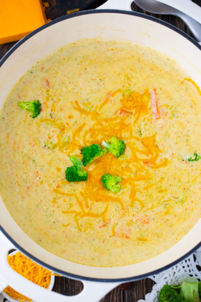 A pot of Panera Bread broccoli cheddar soup.