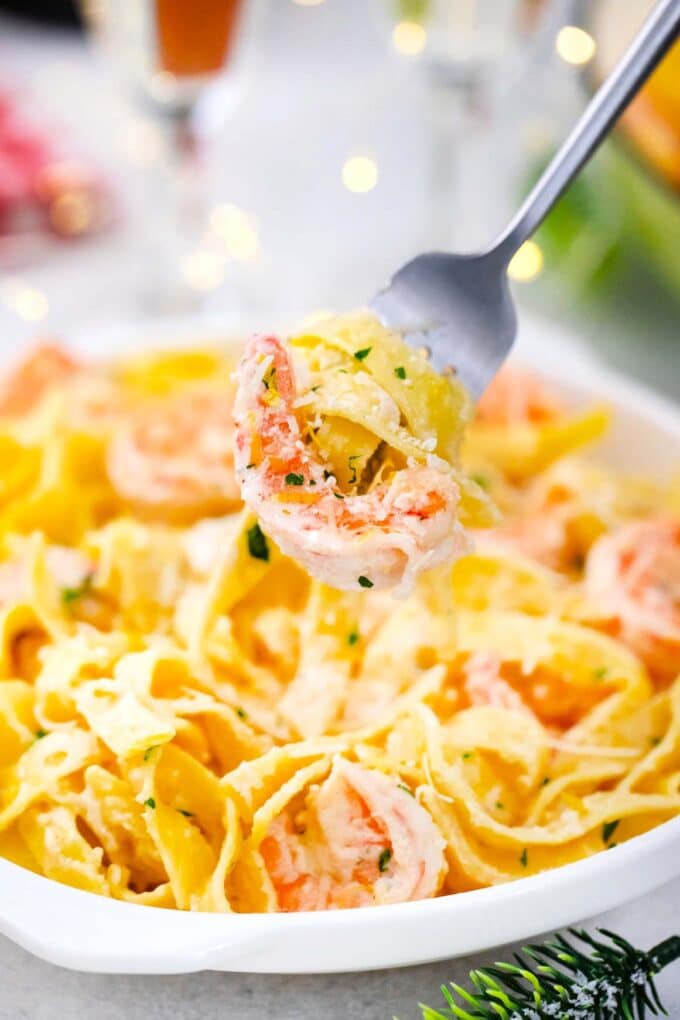 a fork of champagne shrimp scampi