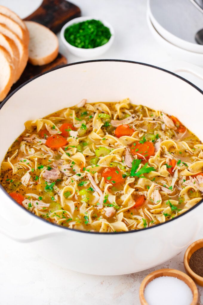 A pot of chicken noodle soup.