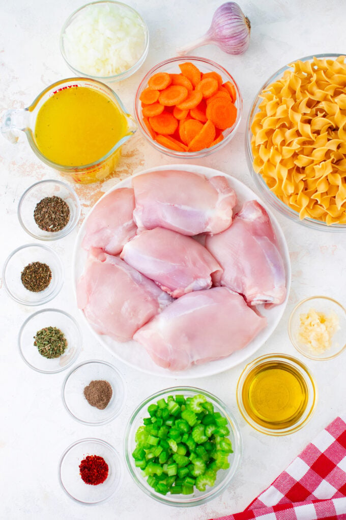Overhead shot of chicken noodle soup recipe ingredients.