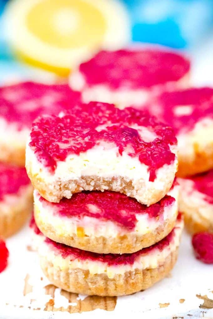 a biten keto raspberry cheesecake bite on top of others