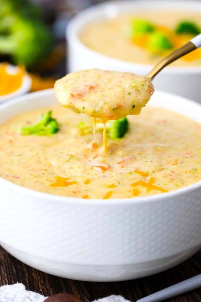 a spoonful of cheesy homemade panera bread broccoli cheddar soup