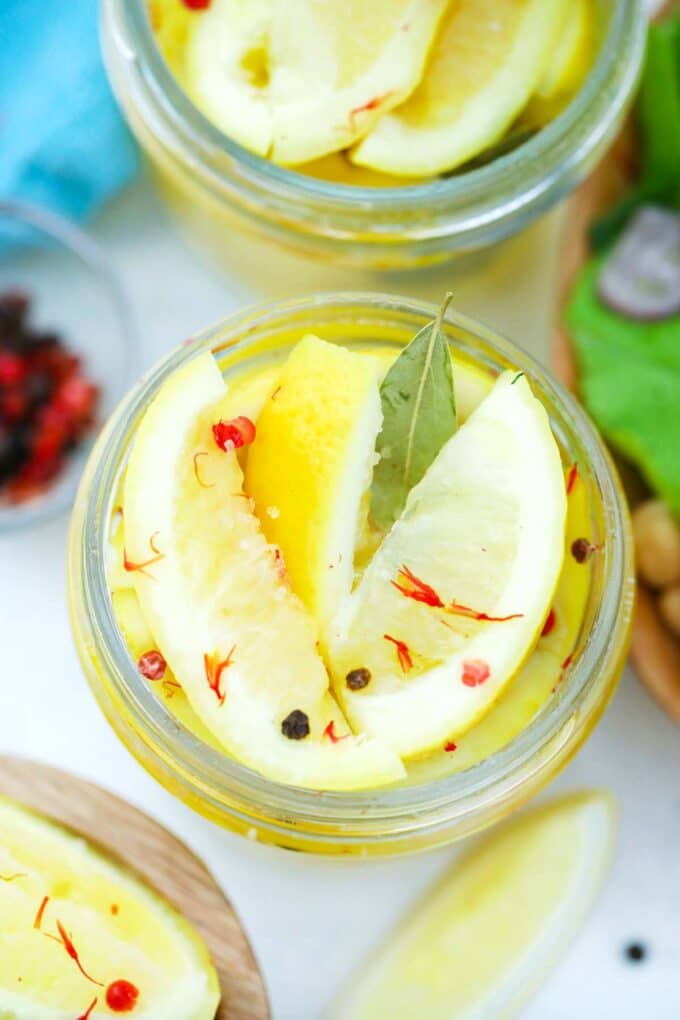 overhead shot of preserved lemons in a jar