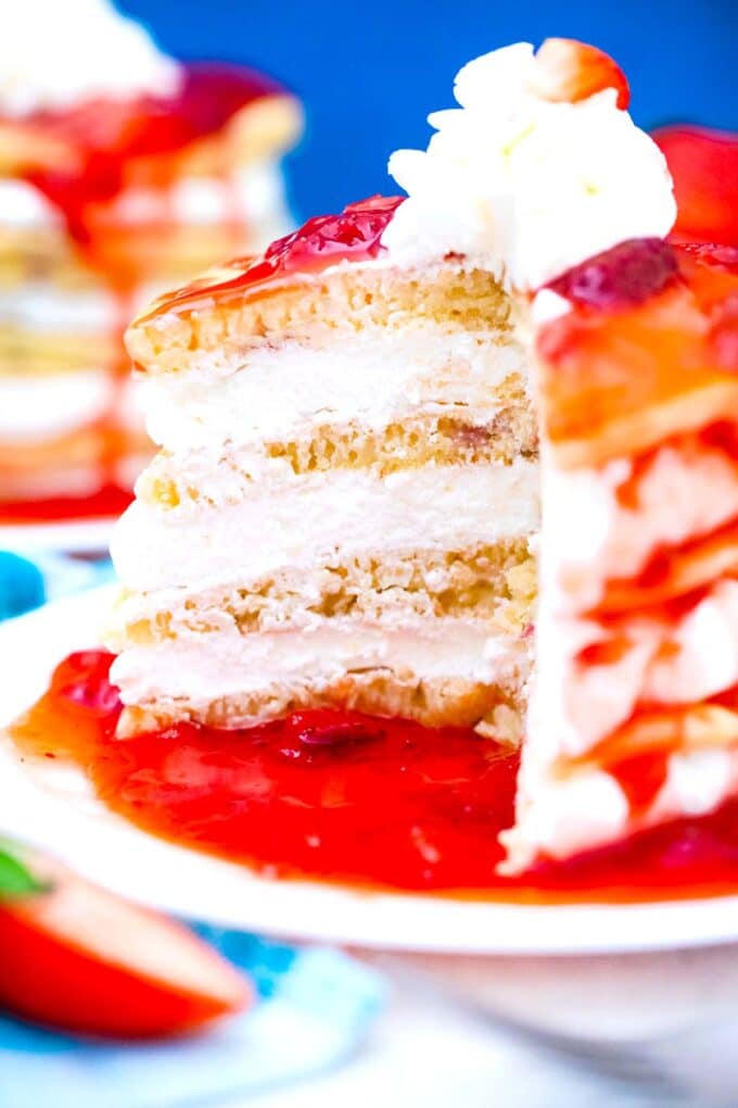 strawberry pancakes with cheesecake filling sliced to reveal their center