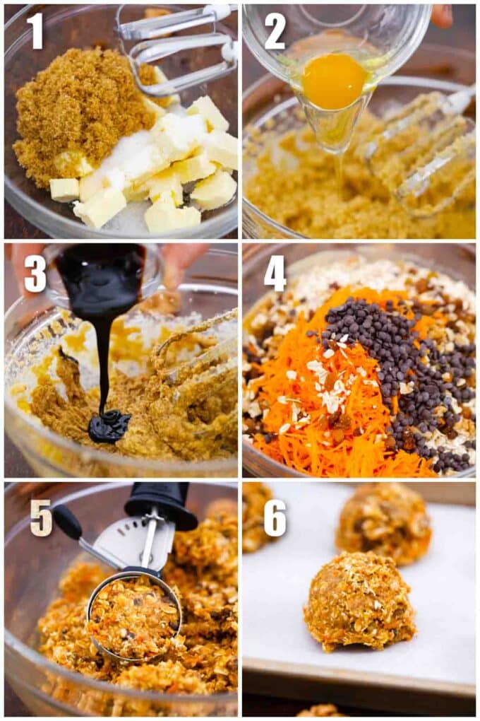 a collage of six photos showing how to make carrot oatmeal cookies