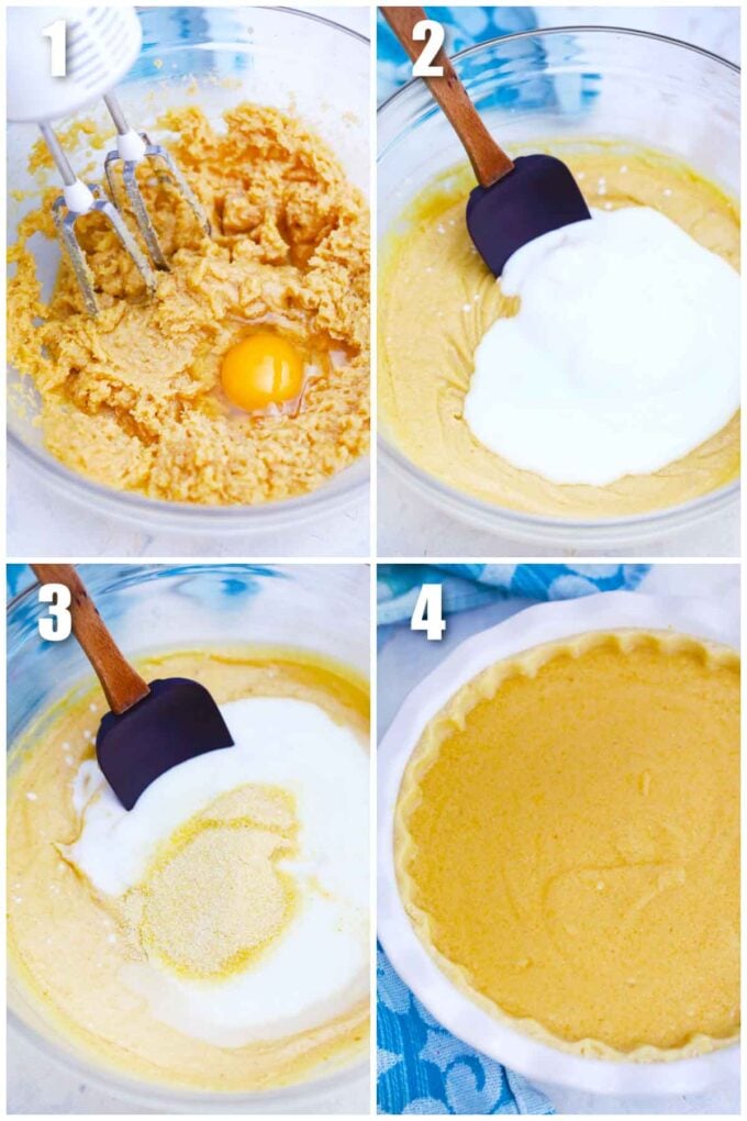 collage of four photos showing how to make chess pie