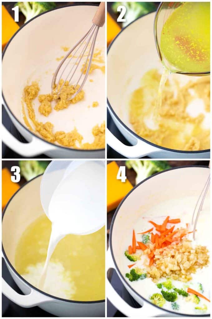 collage of steps showing how to make creamy broccoli cheddar soup