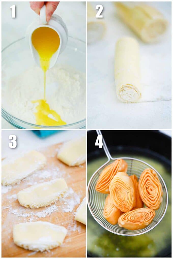 collage of four photos showing how to make fried dough roses