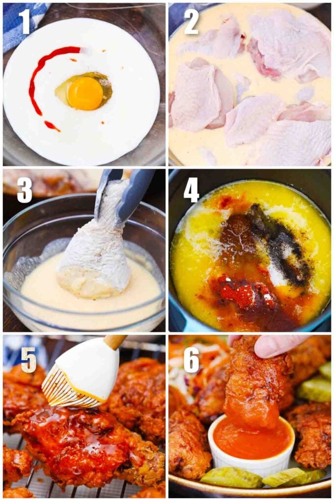 collage of six photos showing how to make nashville hot chicken