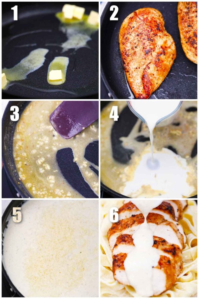 collage of six photos showing the process steps of how to make olive garden chicken alfredo