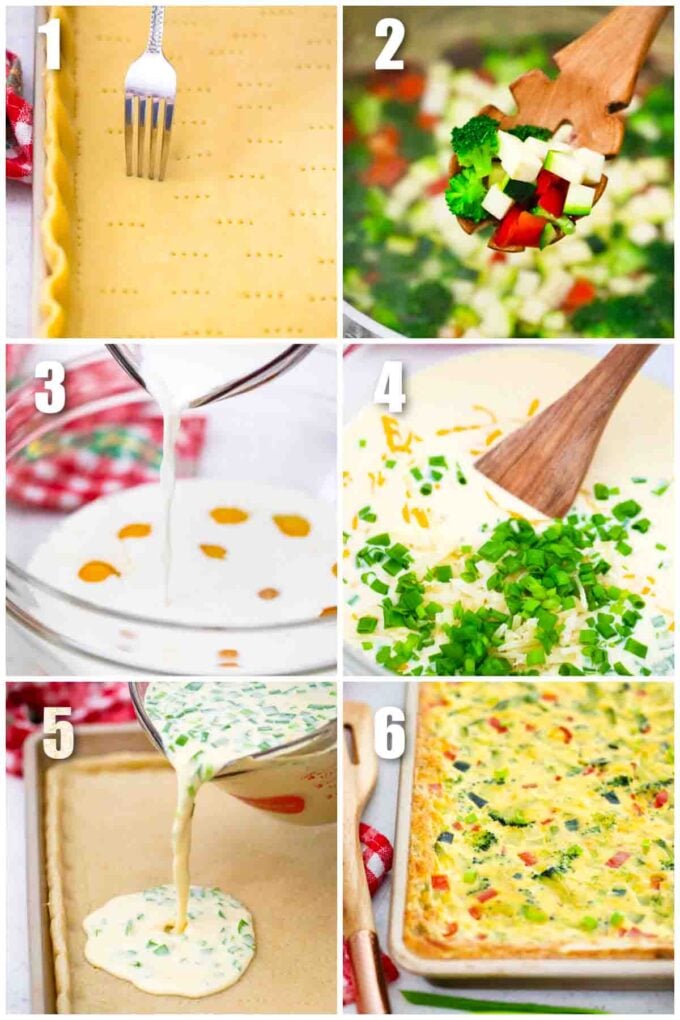 collage of six photos showing how to make sheet pan quiche