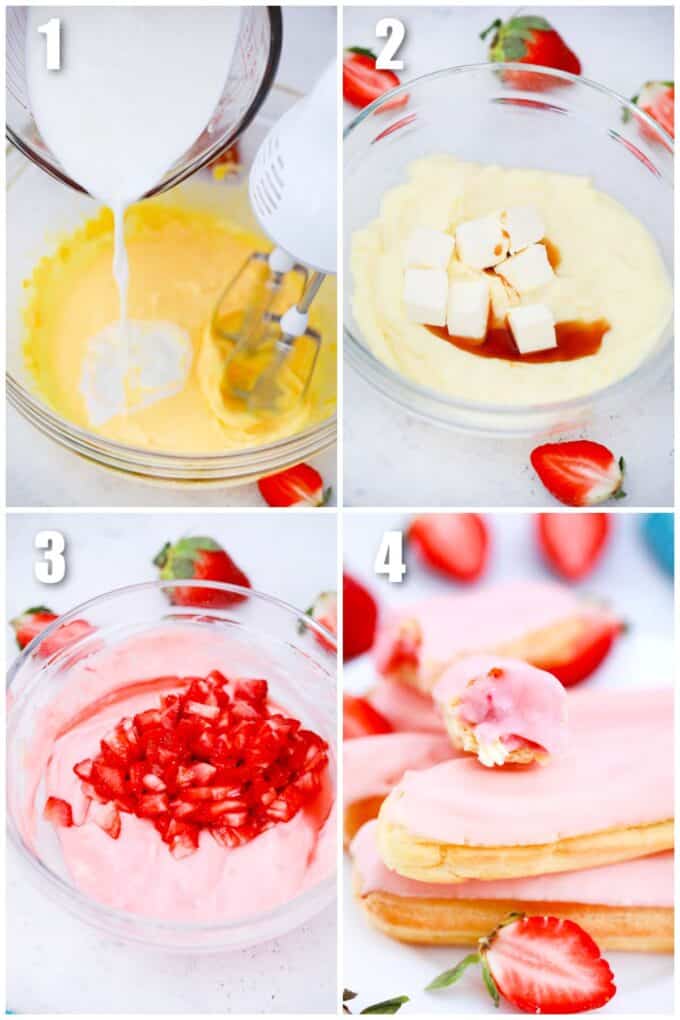 collage of four photos showing how to make strawberry eclairs