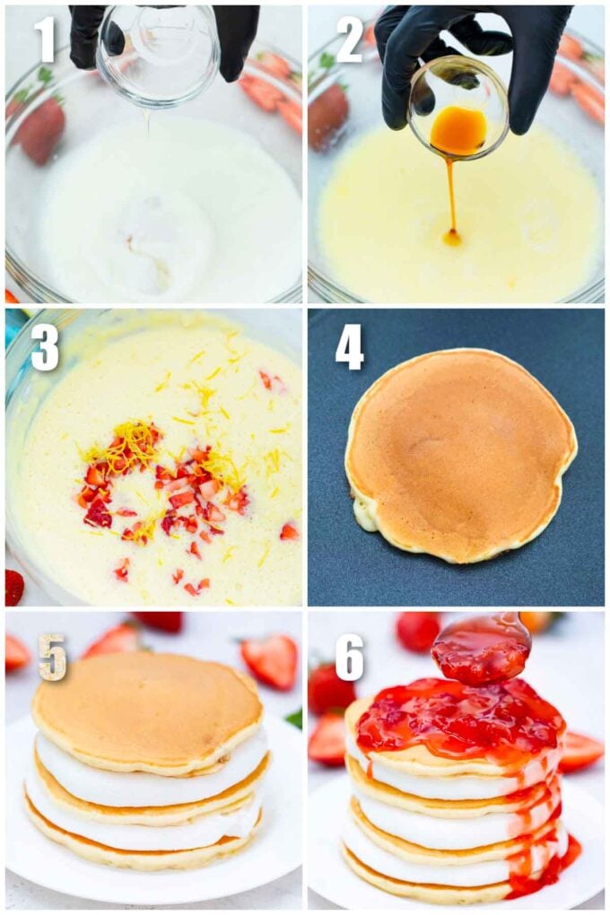 collage of six photos showing how to make strawberry pancakes