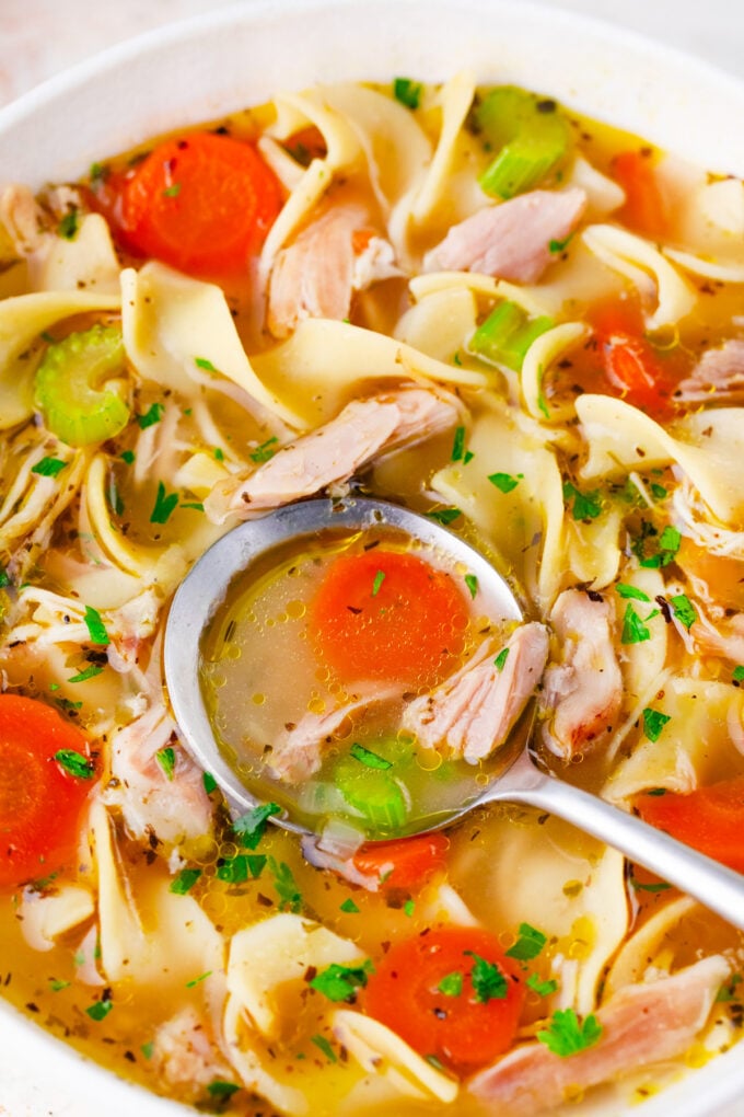 A spoonful of homemade chicken noodle soup.