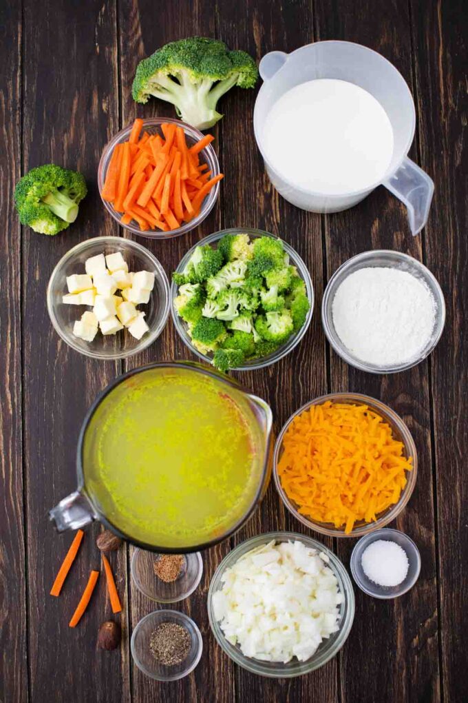 panera bread broccoli cheddar soup ingredients in bowls on a tabe