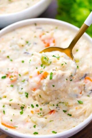 A spoonful of homemade Panera Bread chicken wild rice soup.