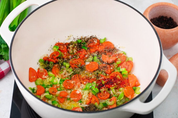 Sautéing carrots and celery.