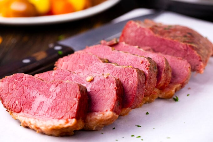 Sliced Instant Pot corned beef brisket.