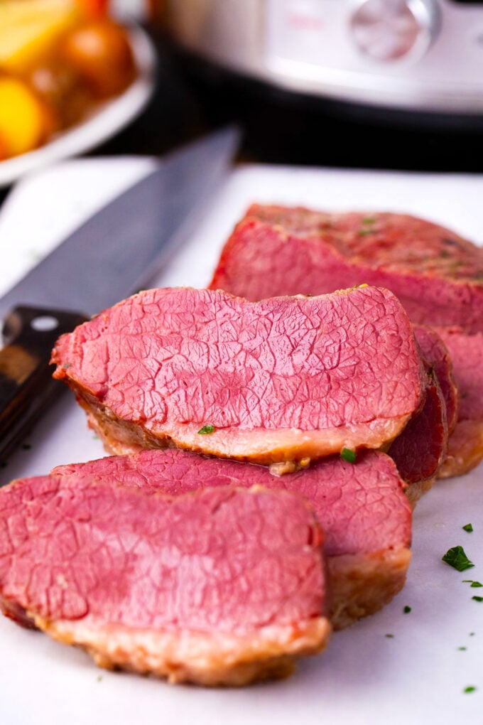 Perfectly cooked Instant Pot corned beef brisket.