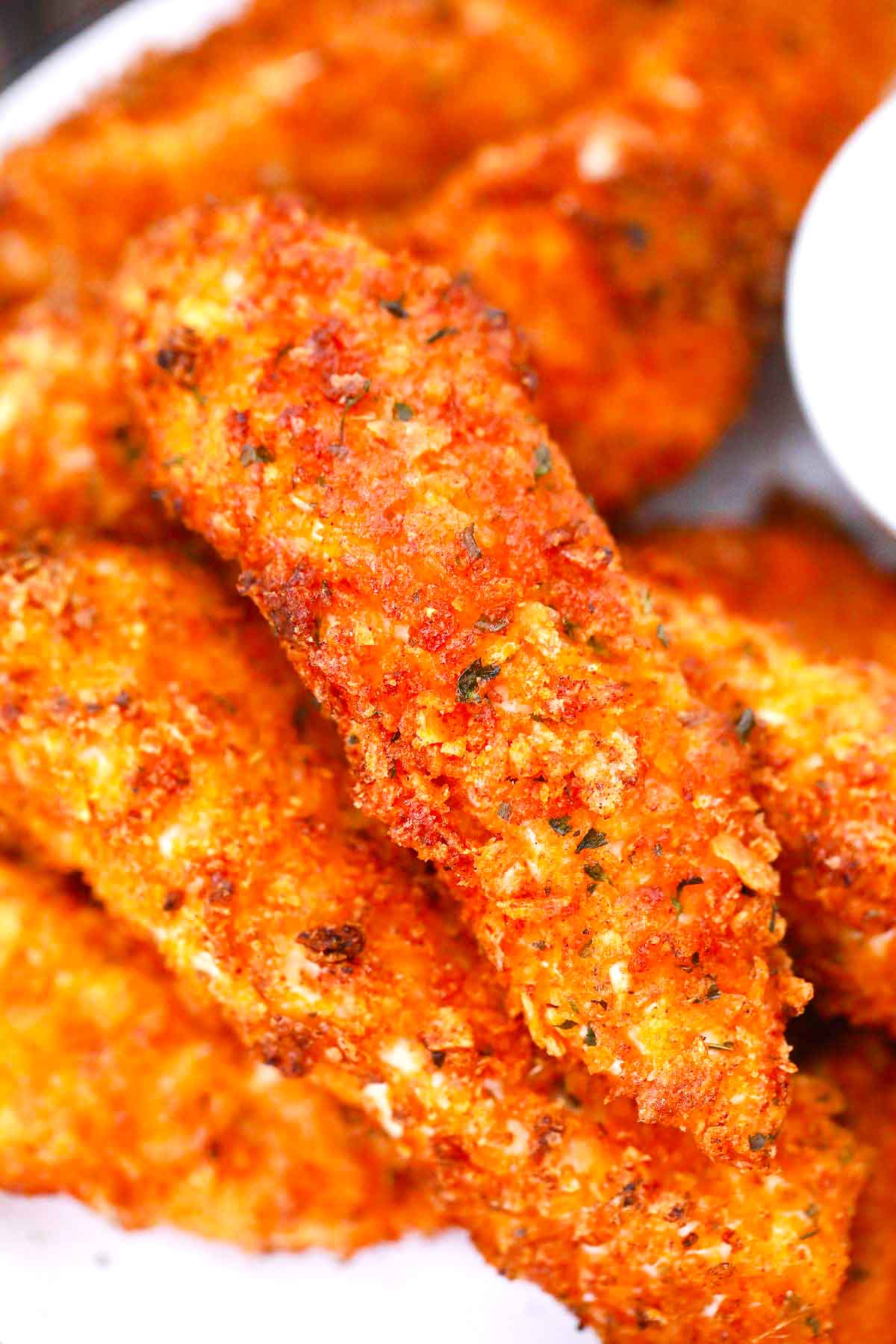 close shot of crispy air fried potato chip chicken tenders