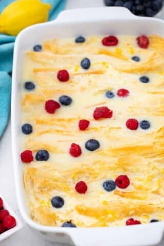 phyllo dough cake with egg custard and berries before baking