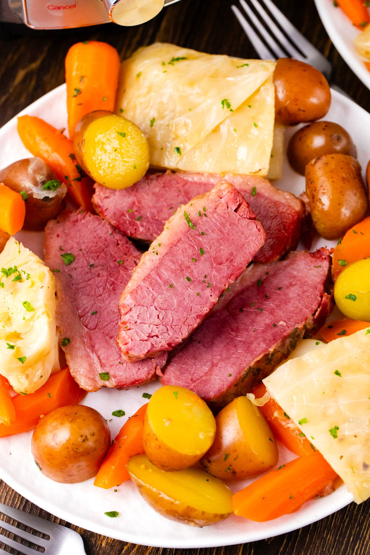 A plate of homemade Instant Pot corned beef and beggies.