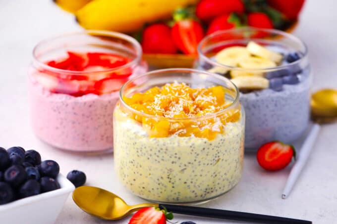 strawberry mango and butterfly pea flower cheesecake chia pudding